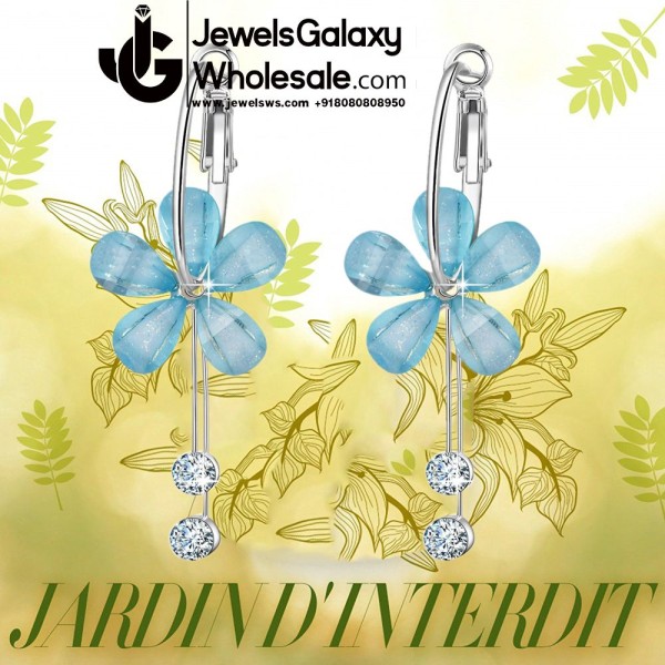 Blue Floral Platinum Plated American Diamond Drop Earrings 12659