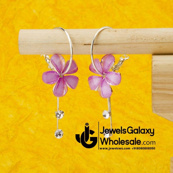 Light Pink Floral Platinum Plated American Diamond Drop Earrings 12660