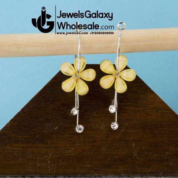 Yellow Floral Platinum Plated American Diamond Drop Earrings 12661