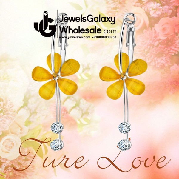 Yellow Floral Platinum Plated American Diamond Drop Earrings 12661