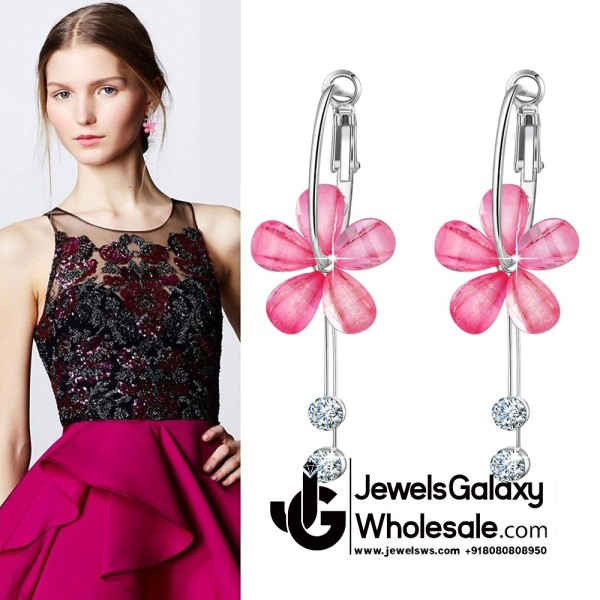 Pink Floral Platinum Plated American Diamond Drop Earrings 12662