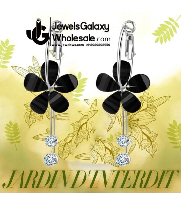 Black Floral Platinum Plated American Diamond Drop Earrings 12663