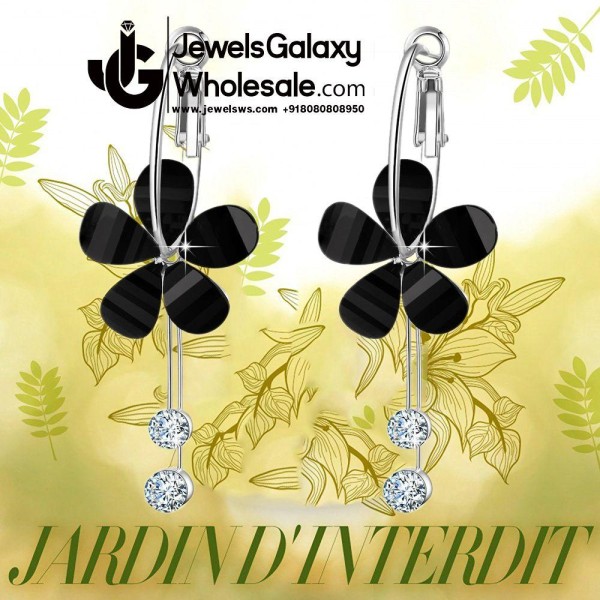 Black Floral Platinum Plated American Diamond Drop Earrings 12663
