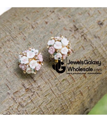 Gold Plated Light Pink And White Floral Earrings