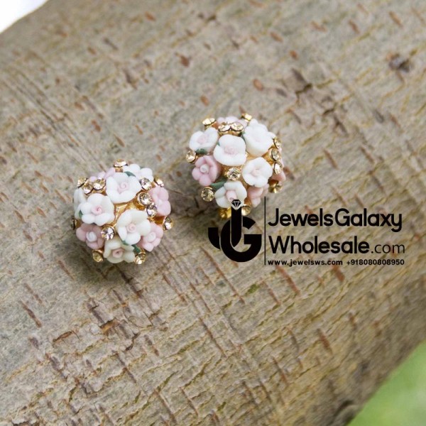 Gold Plated Light Pink And White Floral Earrings