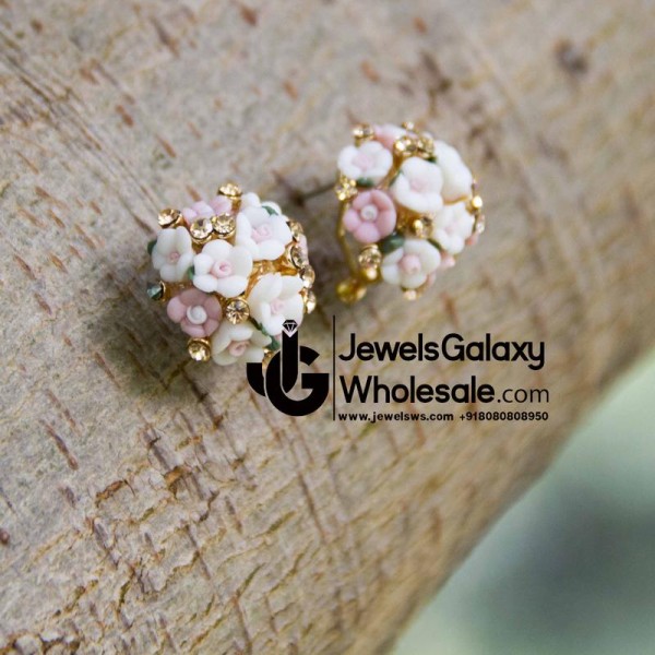 Gold Plated Light Pink And White Floral Earrings