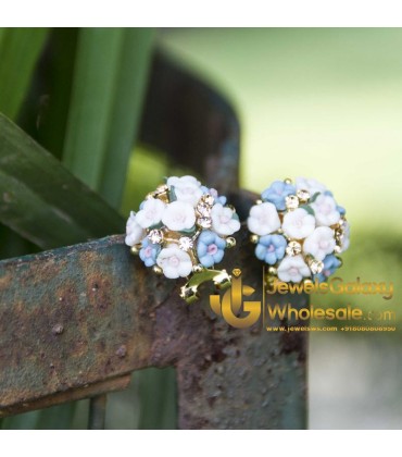 Gold Plated Blue And White Floral Earrings