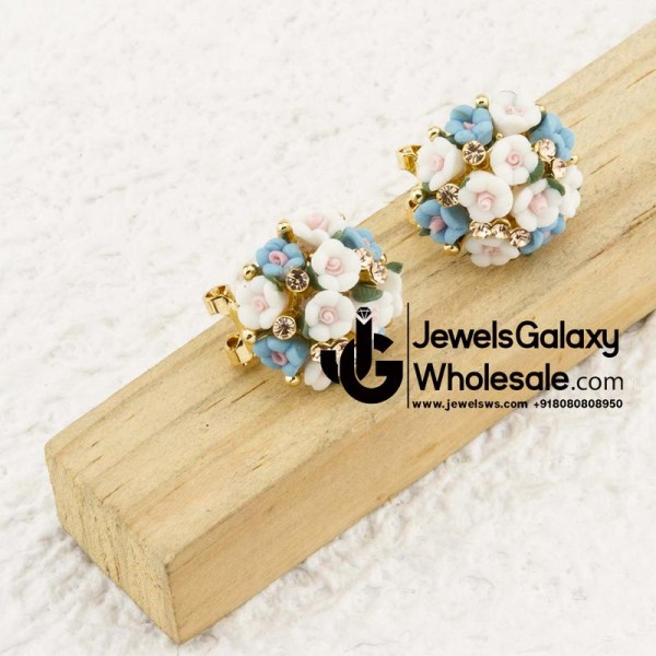 Gold Plated Blue And White Floral Earrings