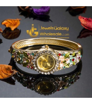 Rose Gold Plated Multicolour Floral Bracelet Watch 1101