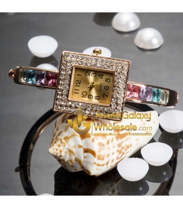 Rose Gold Plated Multicolour Square Design Bracelet Watch 1107