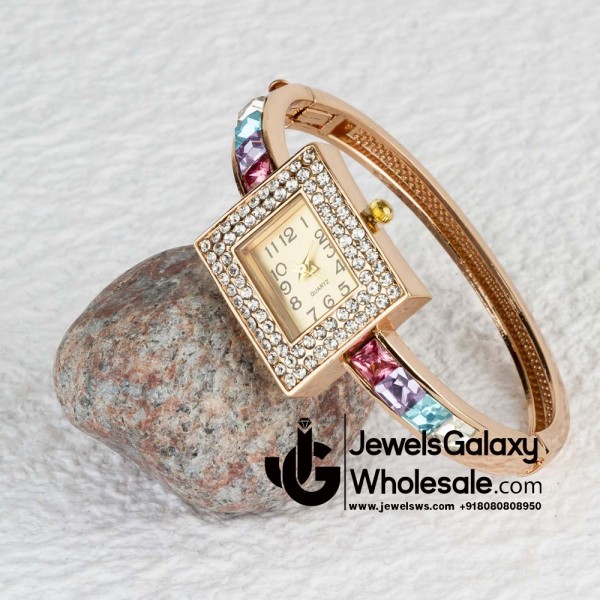 Rose Gold Plated Multicolour Square Design Bracelet Watch 1107