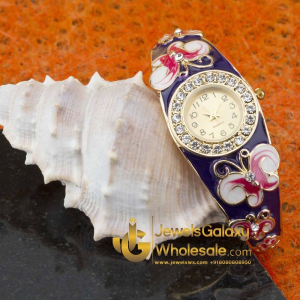 Rose Gold Plated Blue Butterfly American Diamonds Bracelet Watch 1110