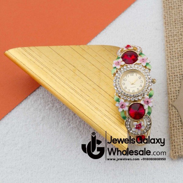 Rose Gold Plated Multicolour Floral American Diamond Bracelet Watch 1112