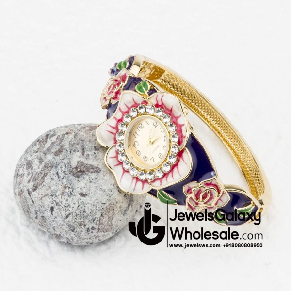 Rose Gold Plated American Diamond Rose Design Bracelet Watch 1113