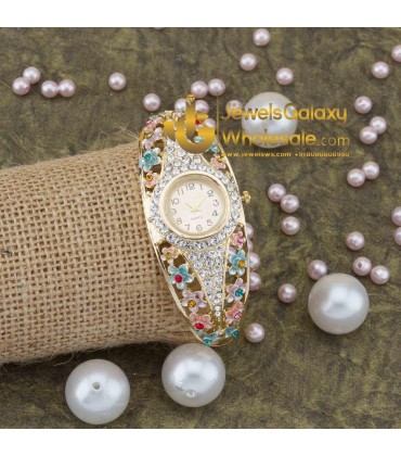 Rose Gold Plated Multicolour Floral American Diamond Bracelet Watch 1114