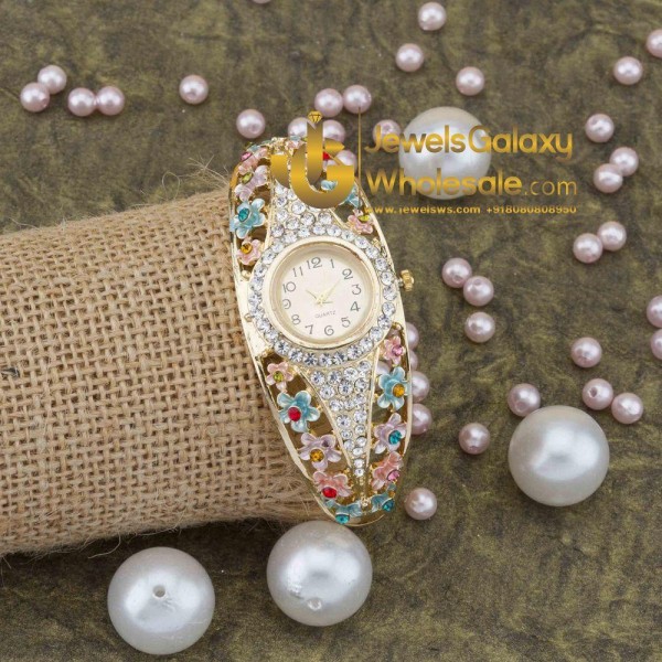 Rose Gold Plated Multicolour Floral American Diamond Bracelet Watch 1114