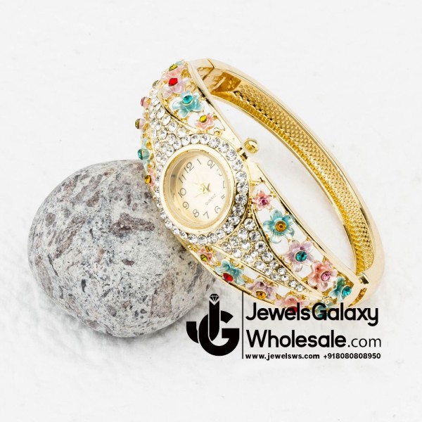 Rose Gold Plated Multicolour Floral American Diamond Bracelet Watch 1114