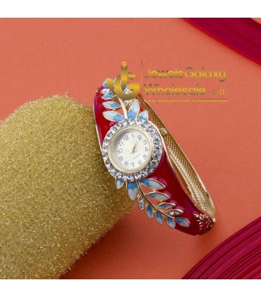 Rose Gold Plated Red American Diamond Leaf Design Bracelet Watch 1115