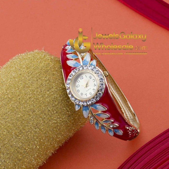 Rose Gold Plated Red American Diamond Leaf Design Bracelet Watch 1115