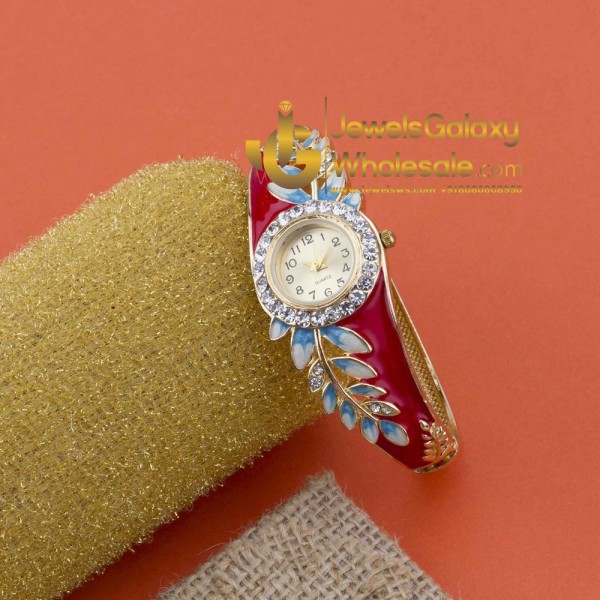 Rose Gold Plated Red American Diamond Leaf Design Bracelet Watch 1115