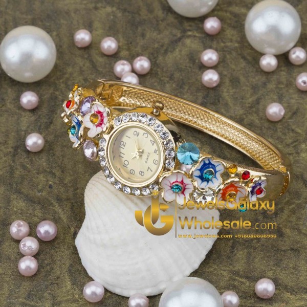 Rose Gold Plated American Diamond Multicolour Floral Bracelet Watch 1116