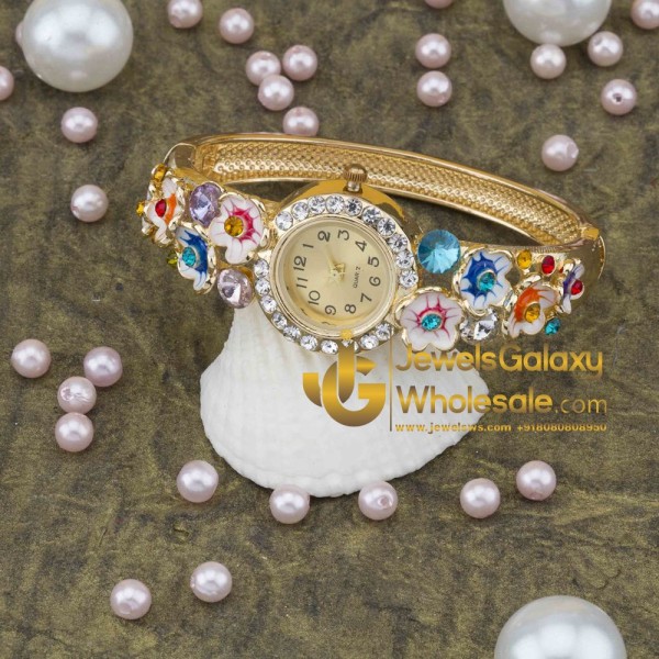 Rose Gold Plated American Diamond Multicolour Floral Bracelet Watch 1116