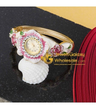 Rose Gold Plated American Diamond White Rose Design Bracelet Watch 1118