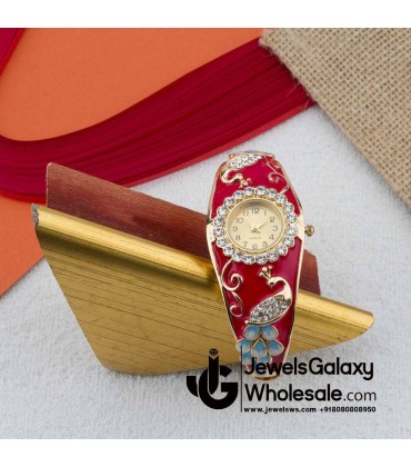 Rose Gold Plated Red Peacock Design American Diamond Bracelet Watch 1120