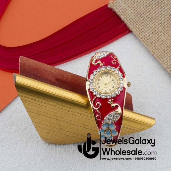 Rose Gold Plated Red Peacock Design American Diamond Bracelet Watch 1120