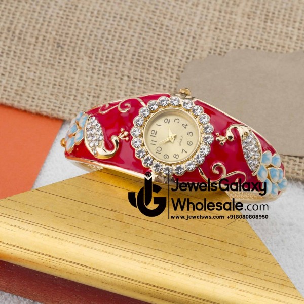 Rose Gold Plated Red Peacock Design American Diamond Bracelet Watch 1120