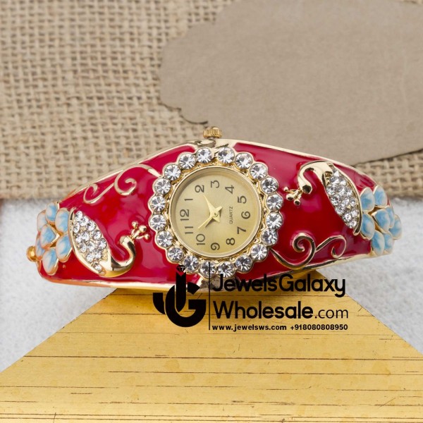 Rose Gold Plated Red Peacock Design American Diamond Bracelet Watch 1120