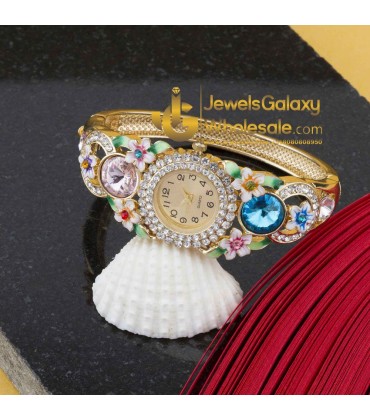 Rose Gold Plated Multicolour Floral American Diamond Bracelet Watch 1121