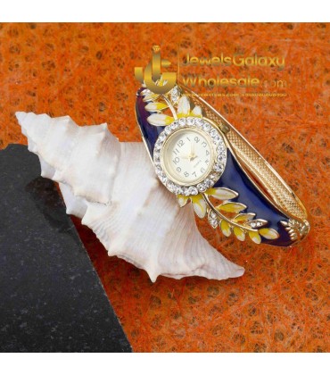 Rose Gold Plated Blue American Diamond Leaf Design Bracelet Watch 1124