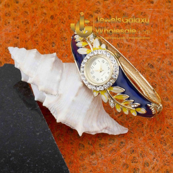 Rose Gold Plated Blue American Diamond Leaf Design Bracelet Watch 1124
