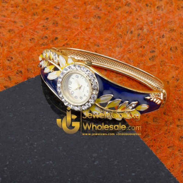 Rose Gold Plated Blue American Diamond Leaf Design Bracelet Watch 1124