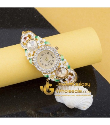 Rose Gold Plated White-Green American Diamonds Floral Bracelet Watch 1125