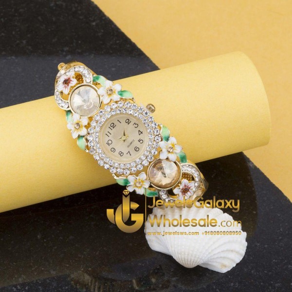 Rose Gold Plated White-Green American Diamonds Floral Bracelet Watch 1125