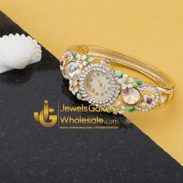 Rose Gold Plated White-Green American Diamonds Floral Bracelet Watch 1125