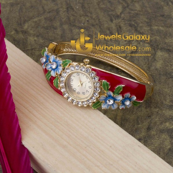 Rose Gold Plated Red Floral Bracelet Watch 1126