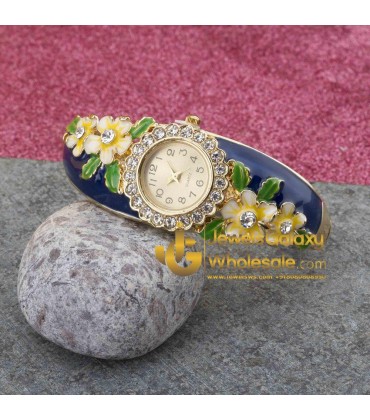 Rose Gold Plated Blue Floral Bracelet Watch 1127