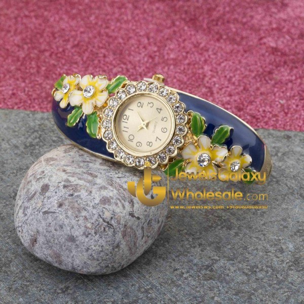 Rose Gold Plated Blue Floral Bracelet Watch 1127