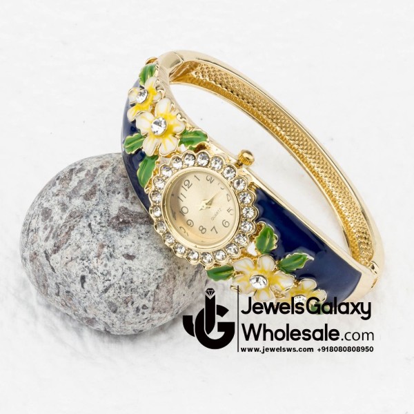 Rose Gold Plated Blue Floral Bracelet Watch 1127