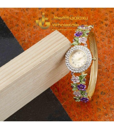 Rose Gold Plated Multicolour American Diamond Floral Bracelet Watch 1128