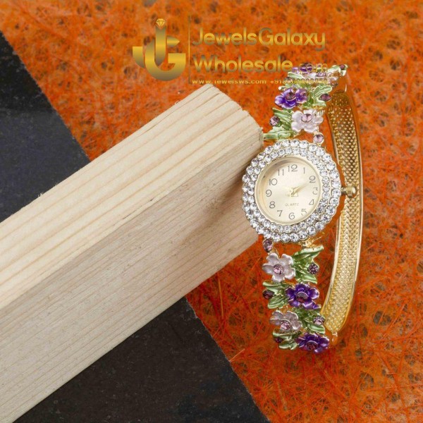 Rose Gold Plated Multicolour American Diamond Floral Bracelet Watch 1128