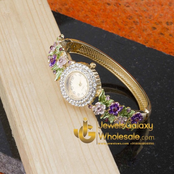 Rose Gold Plated Multicolour American Diamond Floral Bracelet Watch 1128