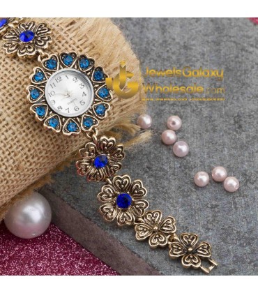 Gold Plated Blue CZ Traditional Bracelet Watch 1130