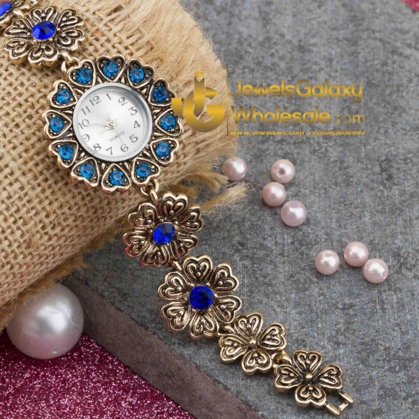 Gold Plated Blue CZ Traditional Bracelet Watch 1130