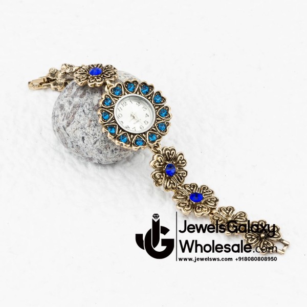 Gold Plated Blue CZ Traditional Bracelet Watch 1130