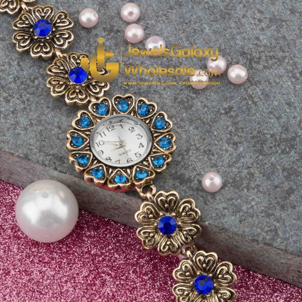 Gold Plated Blue CZ Traditional Bracelet Watch 1130