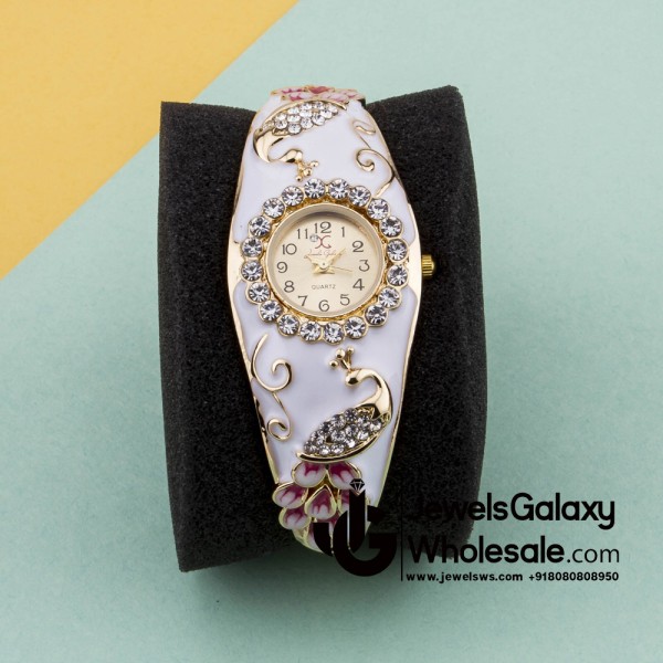 Rose Gold Plated American Diamond White Peacock inspired Fashionable Bracelet Watch